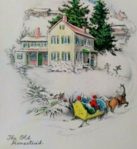 Mid Century Modern Christmas Greeting Card The Old Homestead Horse Carriage Ride