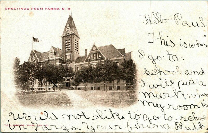 High School Greetings From Fargo North Dakota ND 1900s UDB Postcard P11