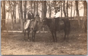 Two Men Horse Riding, Western Cowboys, Black & White, RPPC, Vintage Postcard