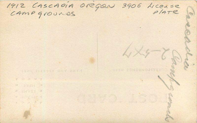 1912 Cascadia Linn Oregon Camping Auto License plate #3906 RPPC Photo Postcard