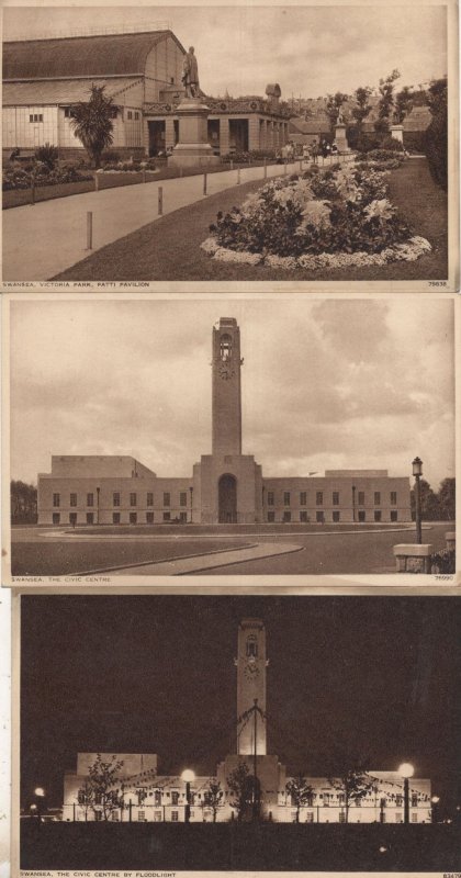 Swansea Civic Centre At Night Pavillion 3x Welsh WW2 Postcard s