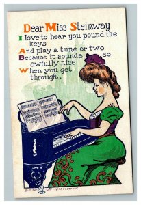 Vintage 1900's Comic Postcard - Dear Miss Steinway - Beautiful Woman Plays Piano