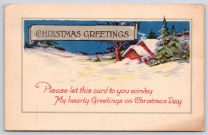 1925 Christmas Greetings Winter Snow Village And Pine Trees Posted Postcard