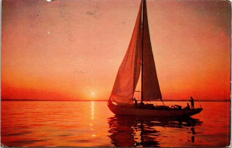 Sailboat Sunset Postcard PM Stone Harbor NJ Clean Cancel WOB Note Tichnor VTG 