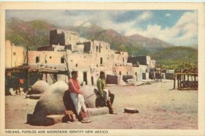 Indians Pueblos & Mountains Identify New Mexico Vtg Santa Fe Railway Postcard