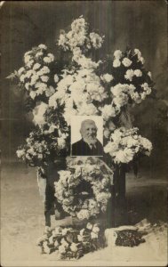 Funeral Floral Arrangement & Picture CRISP c1910 Real Photo Postcard