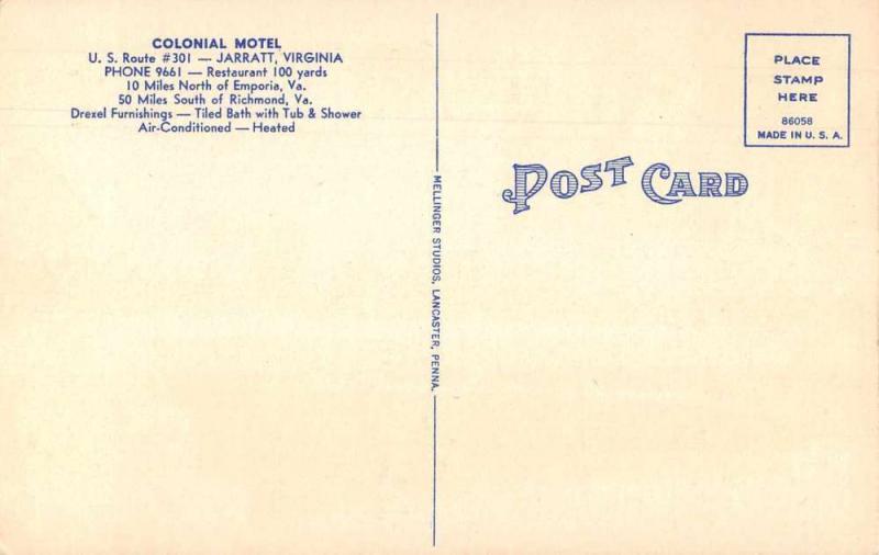 Jarratt Virginia Colonial Motel Exterior View Antique Postcard J77716