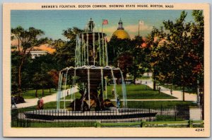 Boston Massachusetts 1940s Postcard Brewer's Fountain Boston Common State House