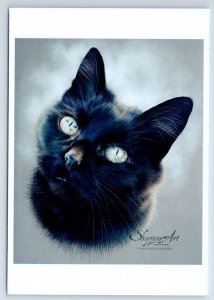 PORTRAIT of Black Cat with green eyes ill. New Unposted Postcard