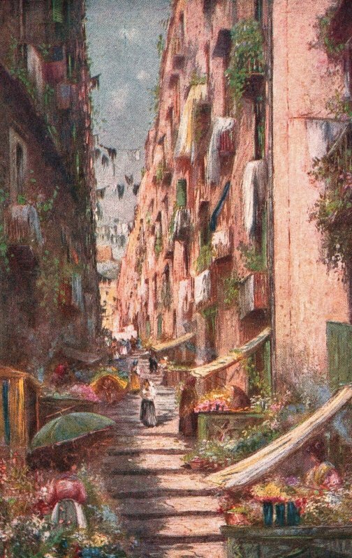 Postcard 1910's Napoli Pallonetto S. Lucia Stairway Street Naples Italy Artwork