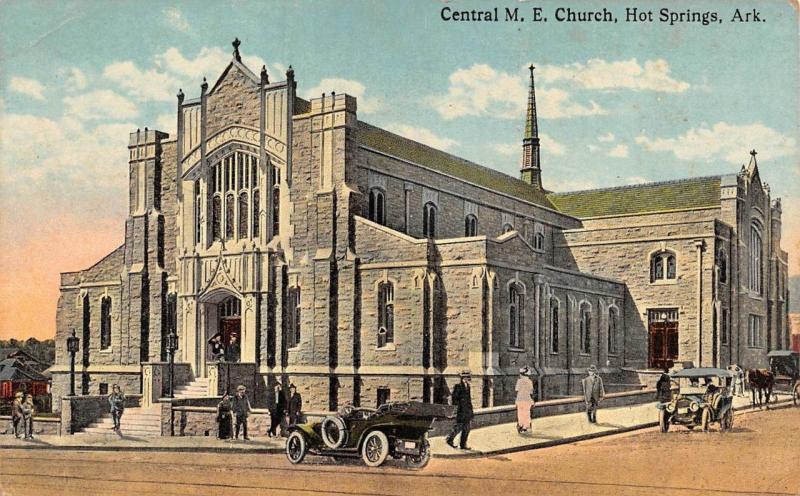 HOT SPRINGS, AR Arkansas  CENTRAL M E CHURCH Parishioners~Cars  c1910's Postcard