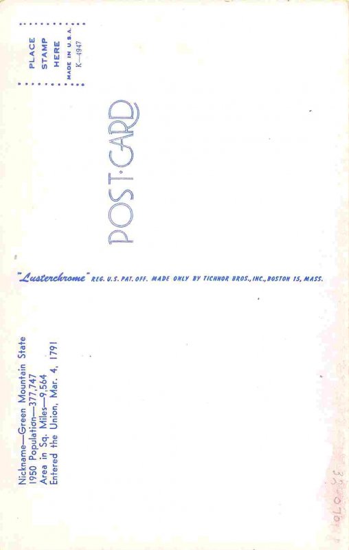 Vermont State Map Maple Thrush Clover Skiing chrome postcard