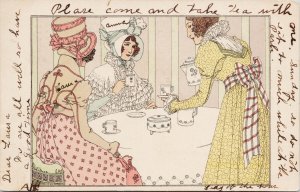 Women Having Tea Ladies Bonnet TUCK c1905 Sacandaga Park NY Cancel Postcard F56