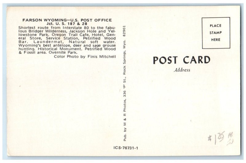 c1950's Farson Wyoming WY US Post Office US 187 & 28 Junction Vintage Postcard