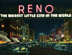 Linen Postcard Reno Nevada NV Virginia Street Biggest Little City Night UNP L5