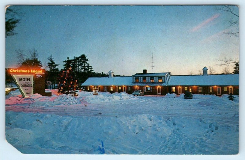 LACONIA, New Hampshire NH ~ Roadside CHRISTMAS ISLAND MOTEL Neon 1960s Postcard
