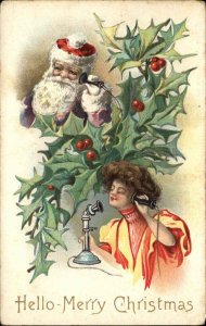 Christmas Santa Claus Talks to Beautiful Woman Old Telephone c1910 Postcard