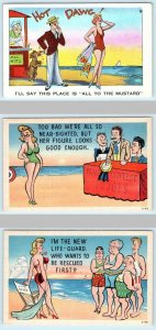 3 Postcards RISQUE COMICS Beach Scenes BATHING BEAUTIES ca 1940s Linens