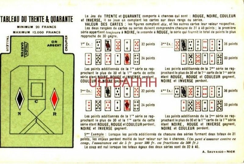 TABLEAU DU TRENTE & QUARANTE - RÈGLES DU JEU & Comment jouer