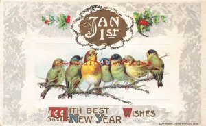 New Year, Birds, Holly Leaves, Embossed