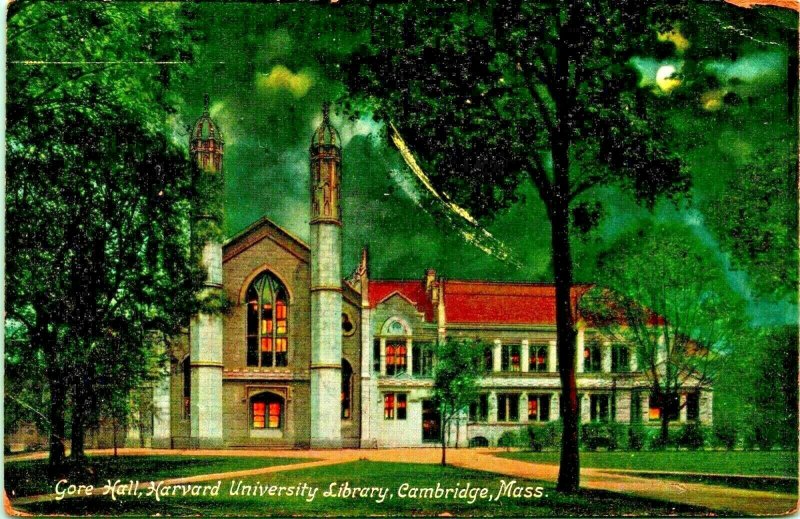 Night View Gore Hall Harvard University Library Cambridge MA 1908 Postcard