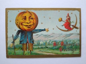 Vintage Halloween Postcard Gottschalk Big Head Human Face Scarecrow Witch 2040