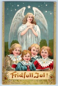 Max Hanel Signed Artist Postcard Christmas Angel Children Carol c1910's Antique