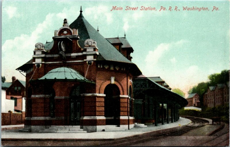 Postcard PA Washington Main Street Railroad Station Train Tracks ~1910 S23