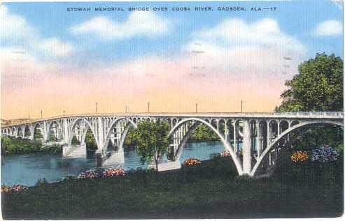 Etowah Memorial Bridge Over Coosa River, Gadsden, Alabama, AL, 1943 Linen