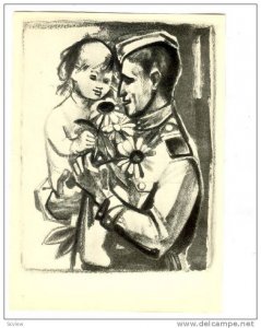 Russian Soldier & baby poster Art, Russia, 1960