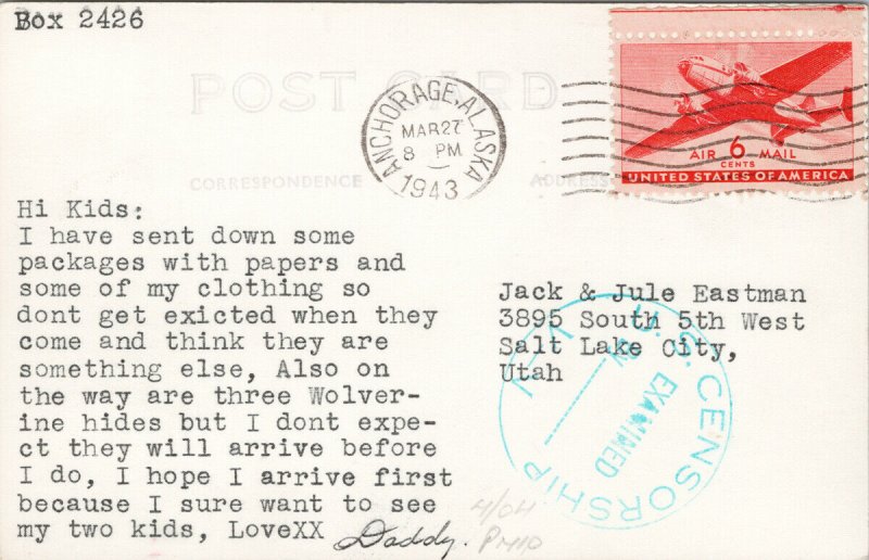Cabin Anchorage Alaska Cancel 1943 Examined Censorship RPPC Postcard H8