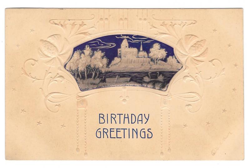 Birthday Greetings Village Lake with Swans Vintage Embossed UDB Postcard