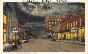 Federal Avenue at Night Mason City Iowa 1920s postcard