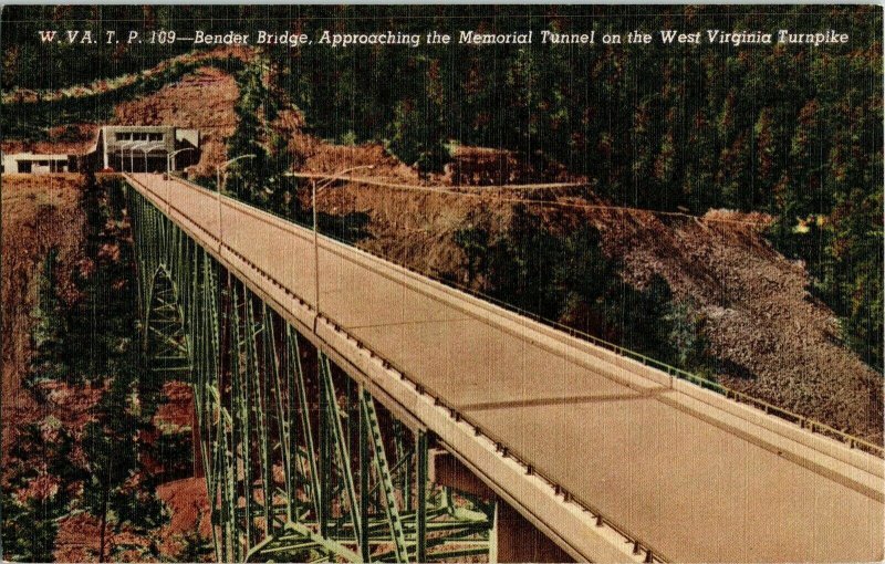 Ben der Bridge Approaching Memorial Tunnel West Virginia Turnpike Postcard Vtg 