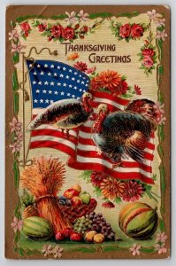 Thanksgiving Greetings Turkeys with American Flag Floral Border Postcard J26