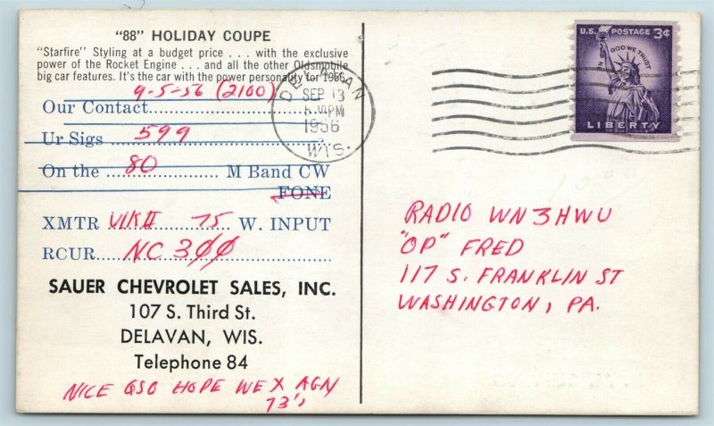 Postcard Automobile AD 1956 88 Holiday Coupe QSL Card Sauer Chevy Delavan AD18