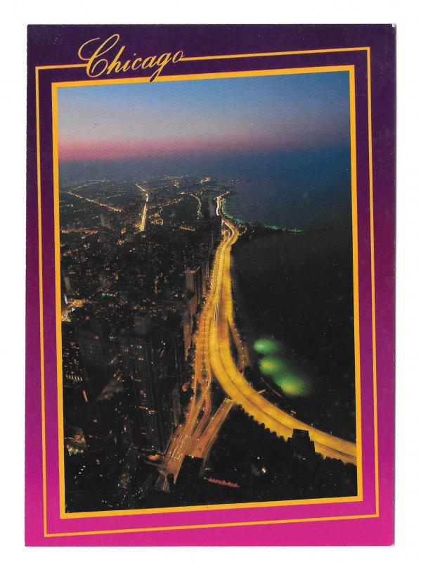 Chicago IL Lakeshore Drive Aerial Night View Bruno Marino Photo 4X6 Vtg Postcard