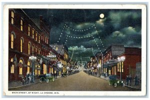 c1920's Main Street At Night Hanging Lights Cars La Crosse Wisconsin WI Postcard