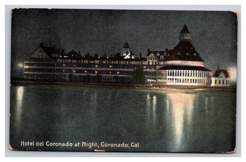 Vintage 1910s Postcard Hotel del Coronado at Night, Coronado, California