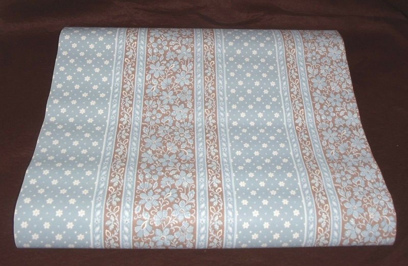 Vintage By the Yard Wall Paper Covering Blue White Brown Floral Stripe