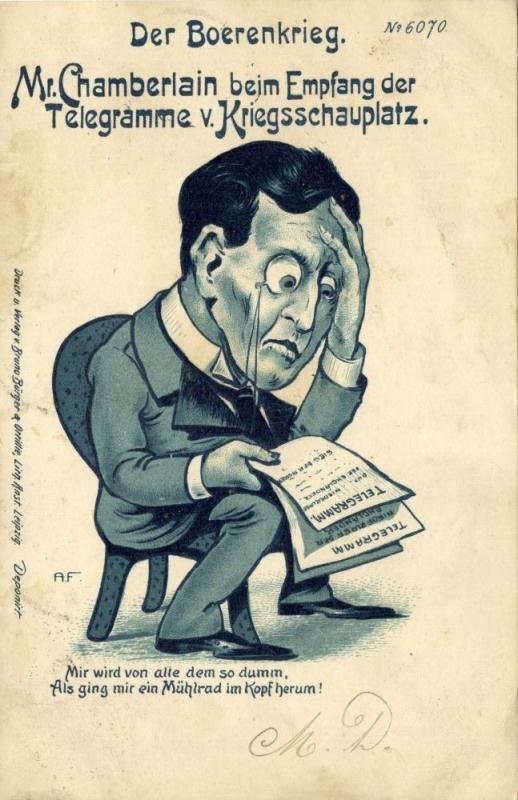 BOER WAR, Caricature, Chamberlain receives Telegrams from the War Zone (1900)