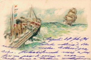 Nautica - Auswanderer Dampfer Begegnung auf see Litho Postcard - 03.03