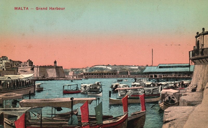 Vintage Postcard Grand Harbour Port of Valletta Docks Wharves Malta