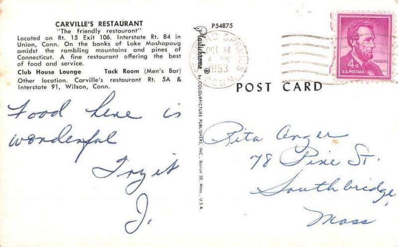 Union Connecticut Carvilles Restaurant Street View Vintage Postcard K68864