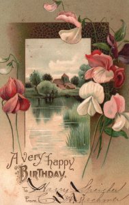 Vintage Postcard 1906 A Very Happy Birthday Greetings Wishes Flowers Landscape