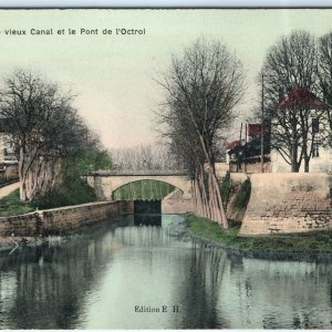 c1900s Meaux, France View of Canal & Bridge Tinted Postcard Crisp Unposted A81