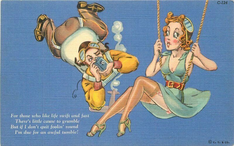 Comic Humor Sexy Woman Parachute Camera 1940s Postcard Teich 21-9501