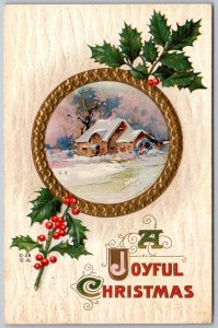 Joyful Christmas 1912 Embossed Postcard Holly Gold Wreath Cottage Snow