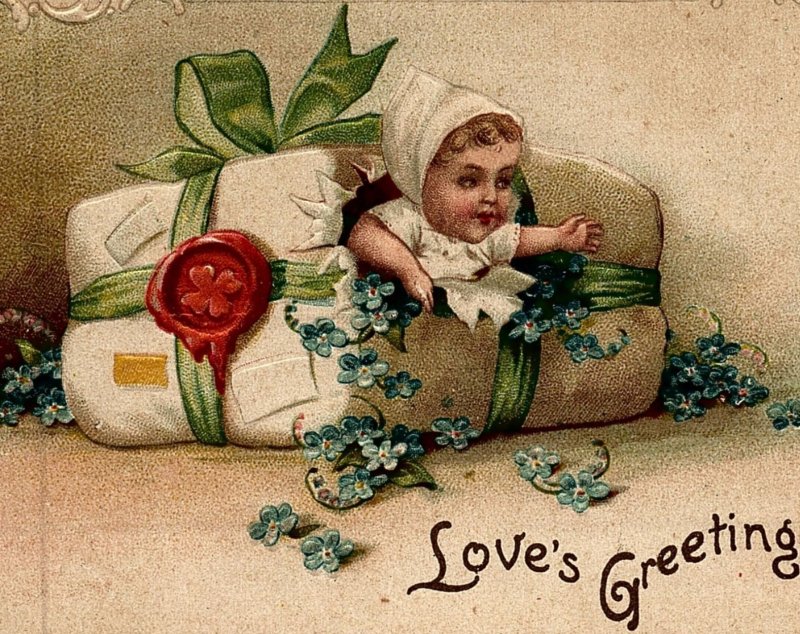 1909 VALENTINE LOVES GREETING BABY 4-LEAF CLOVER FLOWER EMBOSSED POSTCARD 26-269