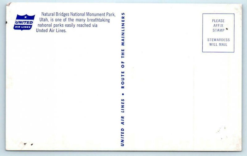 UNITED AIR LINES MENU Advertising NATURAL BRIDGES National Monument Postcard